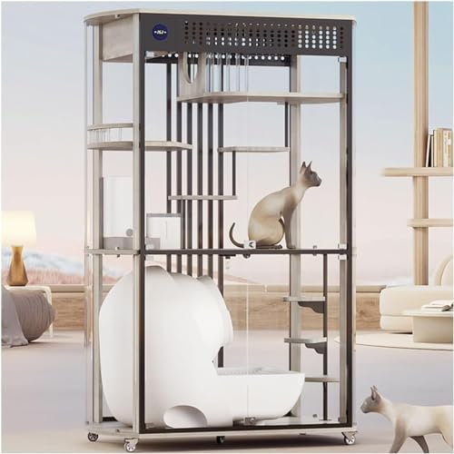 Villa panorámica de Cristal para Gatos, Jaula para Gatos con Caja de Arena para Gatos, Ventilador de circulación bidireccional, casa para Gatos con Estructura de Acero