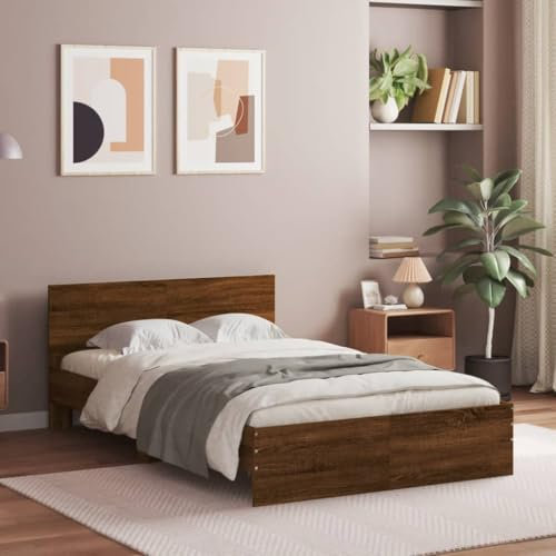 vidaXL Double Bedstead with Headboard - Engineered Wood, Sturdy Plywood Slats, Modern Brown Oak Finish, 135x190 cm, Bedroom Furniture
