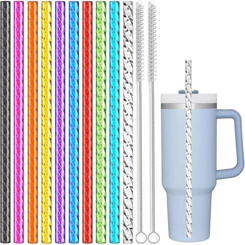 ALINK Lot de 10 pailles de rechange réutilisables en plastique transparent pour gobelet Stanley de 1200 ml, 887 ml, 30,5 cm de long, 2 brosses de nettoyage