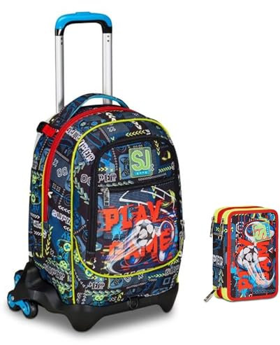 FunnyGol Schultrolley Jack-3WD mit abnehmbarem Rucksack By Seven + Federmäppchen 3 Etagen + 7 Stifte zum Aufstecken und Schlüsselanhänger Fußball 3D, mehrfarbig, media, Klassisch