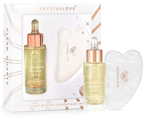 CRYSTALLOVE Clear Quartz Crystalized Set – Gesichtsserum 30 ml + Gua Sha Stein – Anti Aging Hautpflege Set für Glow, Lifting & Lymphdrainage – Geschenkset