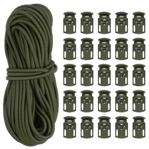 PATIKIL 10 Yard Elastic Bungee Cord & Single Hole Cord Lock, 25 Pack Plastic Oval Spring Toggle Stopper for Paracord Drawstring Shoelace Clothing Backpack Bags, Army Green