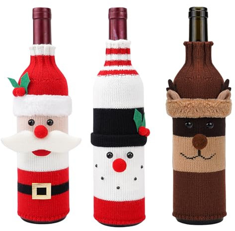 Funda para Botella de Vino de Navidad, 3 Unidades, Bolsa de Vino Tinto, Decoración para Botellas y Mesa (3 Patrones)