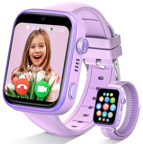 AKUMAKA Montre Connectée Enfant 4G, IP68 Étanche Smartwatch Téléphone Enfant avec GPS, SOS, Whatsapp, Appel Vidéo, Mode Classe, Podomètre, Réveil, Montre Intelligente pour Filles et Garçons, Violet