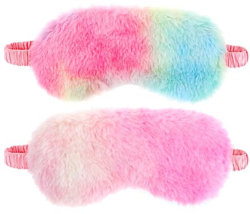 2 Stück Plüsch Augenmaske Bequeme Plüsch-Augenbinde Flauschige Verdunklungs-Schlafmaske Kunstfell Reise-Schlafmasken Reise Reise Aufbewahrungstasche(Gradient pink, colorful)