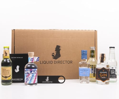 Gin Tonic Tasting Set von LIQUID DIRECTOR | Geschenk mit 3x 200ml Premium Gin, 3 x Tonic Water, Bar-Tool und Booklet | Probierset | Schönes Geschenkset | Tasting für bis zu 5 Personen