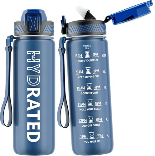 QLUR Botella Agua, 750ML Botella Agua Gimnasio con Pajita, Antiderrame Botella de Agua Deportiva, Cantimplora sin BPA con Marcador de Tiempo y Cepillo para Oficina, Escuela, Yoga