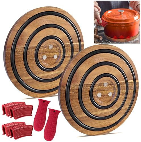 LAIAMER Magnetische Untersetzer aus Holz für heiße Töpfe und Pfannen, hitzebeständige Untersetzer aus Akazienholz, mit 2 Silikon-Pfannengriffabdeckungen und 4 Gusseisen-Griffhülsen für Dutch Ovens,