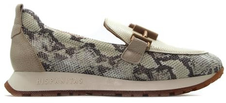 Hispanitas - Zapato mocasín de Piel,náutico Adornado con Cadena,sin Cordones,Suela Blanca de Goma,Rejilla,Calado, para: Mujer Color: Taupe Talla:41