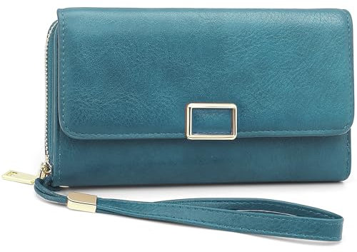 YERUUE Geldbörse Damen Gross aus PU Leder Geldbeutel Damen Groß mit RFID Schutz Lang Portemonnaie Frauen mit 18 Kartenfächern und abnehmbare Geldbörsen Armband (Pfauenblau)