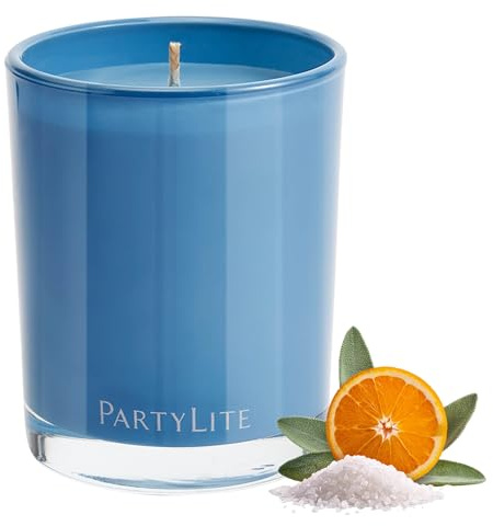 PartyLite Escential Jar Bougie parfumée au sel de mer et à la sauge, avec des notes d'air salé, de sauge imbibée de mer, de bois flotté, de noix de coco et de bois de santal, pot en verre réutilisable