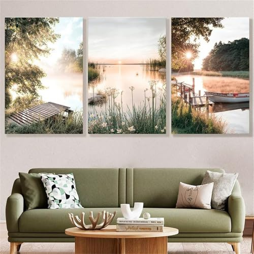 AQCQDQ 3er Poster Set Natur, Moderne Landschaft Bilder Grün Aesthetic Wandbilder, See Blume Sonnenuntergang Wohnzimmer Schlafzimmer Wandkunst, Ohne Rahmen Leinwand (30x40 cm)