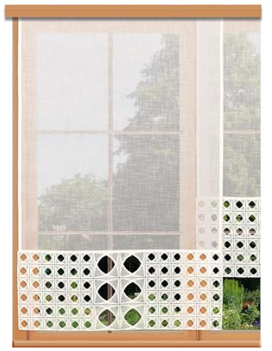 Schiebepaneele Miray mit Vogtländischer Spitze in ecrú - Landhaus-Flächengardine in Käseleinenoptik - Schiebevorhang mit moderner geometrischer Spitze | Flächenvorhang Höhe x Breite 185 x 60 cm