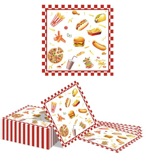 Kotkiddy 40 Fast Food Party Servietten 16 5x16 5cm Pizza Hot Dog Hamburger Motiv Papier Geburtstag Baby Shower Festival Tischdeko Einweg Essen Design Kinder Mädchen Jungen