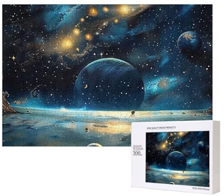 300 Teile Puzzle mit Aufbewahrungsbox, Mond, Sterne und Planeten, bedrucktes Holzpuzzle 40 x 28 cm, für Erwachsene, Kinder, Familie, lustiges dekoratives Spiel