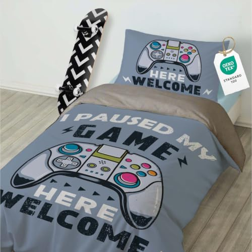 HOMHOMHA Bettwäsche Kinder 135x200+1 Kissenbezug 80x80 cm-Graue Gamepad | Bettbezug Mikrofaser mit Reißverschluss,Oeko-TEX Zertifiziert-Coole Graue Spielzeug Bettwäsche für Jugendliche und Gamer