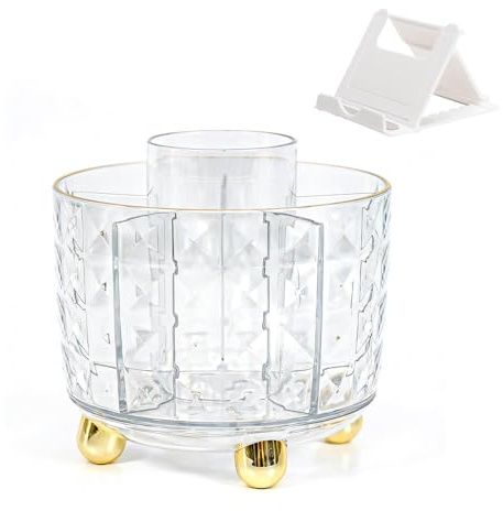 Marte Vanci Clear Rotating Pen Holder, 360° Rotating Pencil Cup with 6 Slots, Desk Pen Organiser and Accessory, Makeup Brush Holder, Home School Office Supplies (Clear Gold Rim)