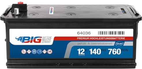 BIG Premium 64036 LKW Batterie 12V 140Ah 760A/EN - Starterbatterie für Nutzfahrzeuge, Traktor & Baumaschinen - Wartungsfrei, Gefüllt & Geladen, Rüttelfest