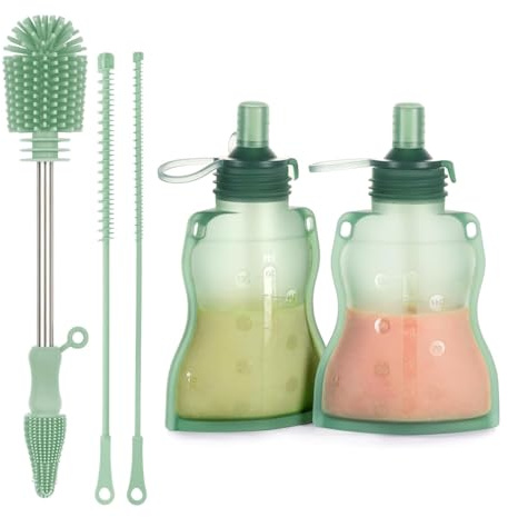 haakaa Reusable Baby Food Pouch Set with Cleaning Brush – Silicone Squeeze Feeding Pouch, Refillable, Freezer Safe, Easy-Clean Bottle Brush Kit for Baby Bottles & Breast Pump Parts