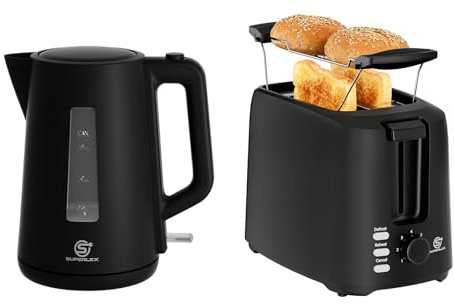 SUPERLEX Set de desayuno para hervidor de agua, tostadora, color negro, 1,7 L, 2200 W, con 750 W, 2 rebanadas, 7 niveles de tostado, apagado automático, cajón recogemigas para cocina, hogar, oficina