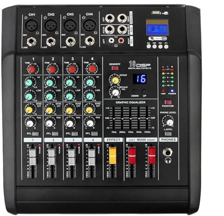 DJ Au-dio Mixer Amplifier DJ Controller Sound Mixer 600wx2 16 Bit DSP Effect 4 Channel for Party Performance Computer Stage