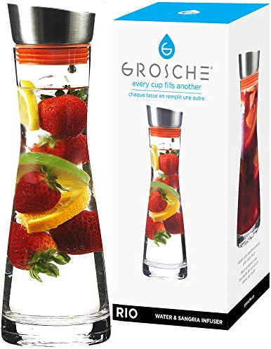 GROSCHE RIO Glass Water Pitcher and Fruit Infuser 1000ml With Stainless Steel Gravity Lid with Built in Strainer and Two Coloured Silicone Rings