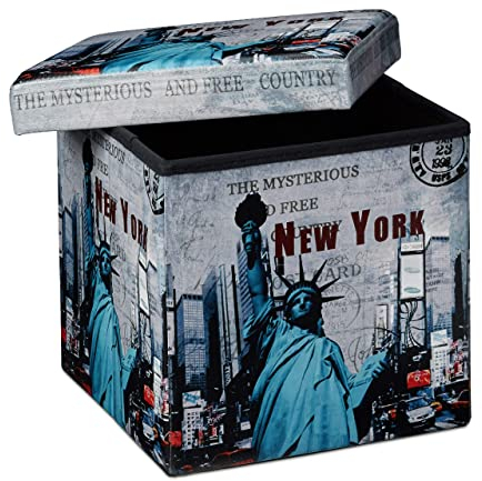 Relaxdays Faltbarer Sitzhocker 38 cm stabiler Sitzwürfel mit trendigen Motiven als praktische Fußablage als Sitzwürfel mit bedrucktem Kunstleder als Aufbewahrungsbox mit Stauraum und Deckel, New York