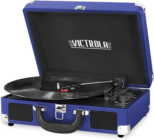 Victrola Tocadiscos Vintage de Maleta con Bluetooth de 3 velocidades con Altavoces, Azul Cobalto