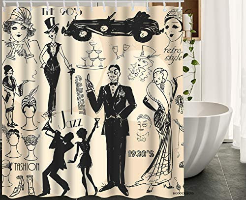 HGOD DESIGNS Retro Shower Curtain,Vintage 1920s Sketch with Men and Women of Twenties Waterproof Polyester Bath Shower Curtain Size 66x72 Inch