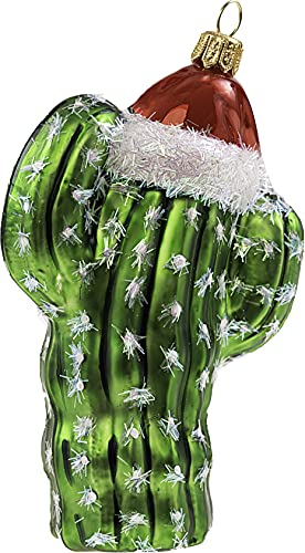Impuls Christbaumschmuck Glas Kaktus 11cm Pflanze mit Mütze mundgeblasen handbemalt Weihnachtskugeln grün
