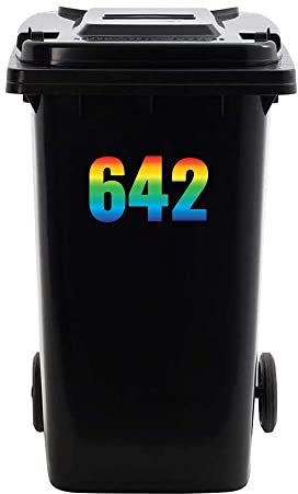 Pack of 4 Rainbow Wheelie bin Numbers (1 to 999) White bin Numbers 17cm Large Number Stickers Waste Bin Decals Self Adhesive Waterproof Vinyl PBN08 (Height 17 cm (or) 7 inchs)