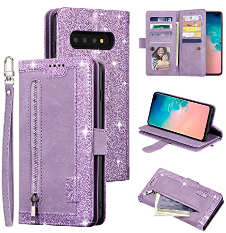 EYZUTAK Handyhülle für Samsung Galaxy S10 Plus Hülle,Flip Case Lederhülle Reißverschluss Magnetverschluss Brieftasche mit 9 Kartenfächern Standfuntion Retro Matt Ledertasche-Glitzer Lila