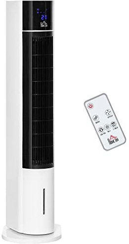 HOMCOM Ventilatore a Torre Raffrescatore Evaporativo 3 Modalità e 3 Velocità, Raffreddatore d'Aria Portatile con Timer, Oscillazione e Telecomando, 60W, Bianco