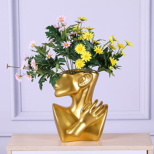 Gold Keramik Vase,Moderne Kreativität Vasen Dekoration mit Vase Gesicht Statue weiße Keramik weißer Blumentopf Kopf groß für Pampasgras Wohnzimmer Schlafzimmer getrocknete Kunstblumen (Gold)