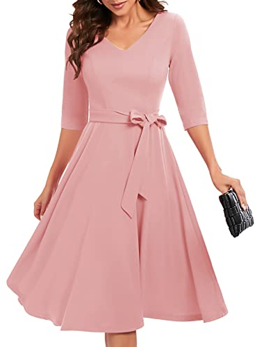 Bbonlinedress Robe Femme Chic et Elegant Hiver Mi Longue pour Cocktail Soirée Bal Cérémonie Fête Mariage Pin Up Manches Longues avec Ceinture Blush 3XL-1