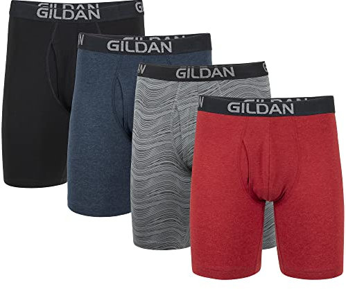 Gildan Men's Cotton Stretch Boxer Briefs, Multipack, Blk/Heather Navy/Stripe/Heather Red (4-Pack), 2X-Large