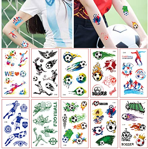 10 Sheets Football Temporary Tattoos Stickers with Personalised Football Figures for Football Fans,Temporary Transfer Tattoos for Sport Theme Party Boys Birthday Party Football World Cup Decoration
