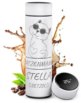 Maverton Thermobecher Kaffeebecher mit Gravur 450 ml, auslaufsicher, Weiß | Trinkflasche Edelstahl, auslaufsicher, 100% dicht, mit LED-Temperaturanzeige, für Frauen zum Geburtstag, weiß, Katze