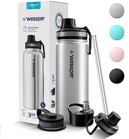 Wessper Botella Agua Acero Inoxidable 500ml Botella Termica Sin BPA con 3 Tapones | Plata Elegante Botella Resistencia al Rayado, fácil de Limpiar | Termo Agua Fria/Caliente para Niños Adultos