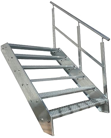 Premium Caillebotis acier Escalier à limon 6 Marches Entièrement galvanisé avec garde-corps à droite - Dimensions (L x l x H) 120cm x 60cm x 114cm