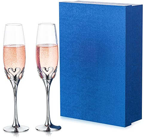 Nuptio Copas Champan Plata Cristal: Copa Champán Brindis Personalizado con Diamantes Imitación Conjunto de 2 Regalos Boda para Novio Parejas Compromiso Aniversario Fiesta Despedida Soltera