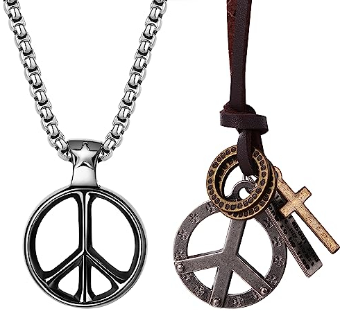 JewelryWe Friedenszeichen Halskette Herren Frieden Anhänger - 2pcs 1960er 1970er Vintage Friedens Zeichen Kreis Kreuz Tag Anhänger mit Edelstahl und Leder Kette Peace Halskette für Männer