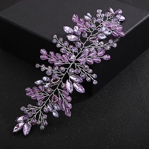 Teyglen Crystal Wedding Headband Bridal Purple Rhinestone Hair Vine Hair Accessories Handmade Headpieces Sparkly Purple Crystal Hair Pieces for Women Girls