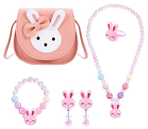 BTHRORO Handtasche Schmuckset für Mädchen, Kaninchen Kinderschmuck Halskette Armband Ring und Ohrring, Prinzessin Schmuckset für Kinder Ankleiden Geburtstag Geschenk
