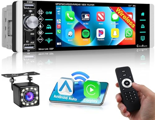 Hikity FM AM RDS Autoradio 1 Din Carplay Senza Fili Android Auto con Schermo 5,1 Pollici Radio Auto Bluetooth Vivavoce Stereo 1 Din con Mirror Link EQ USB AUX SWC Retrocamera