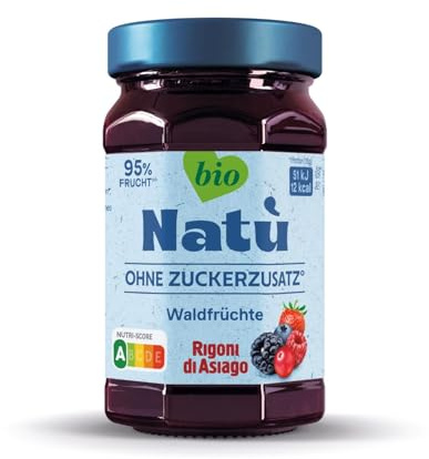 Rigoni di Asiago, Natù Bio-Marmelade ohne Zucker-Zusatz (1x240g), Fruchtaufstrich ohne Zuckerzusatz – 95% Fruchtanteil, kalorienarm, Nutri-Score A, mit Erythrit gesüßt (1 x 240g, Waldfrüchte BIO)