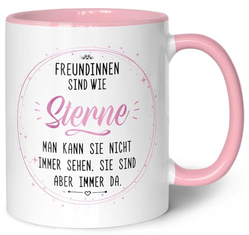 GRAVURZEILE Bedruckte Tasse mit Spruch - Freundinnen sind wie Sterne - Geschenk für Freundinnen - Geschenke für die beste Freundin zum Geburtstag oder zu Weihnachten - Farbe: Rosa