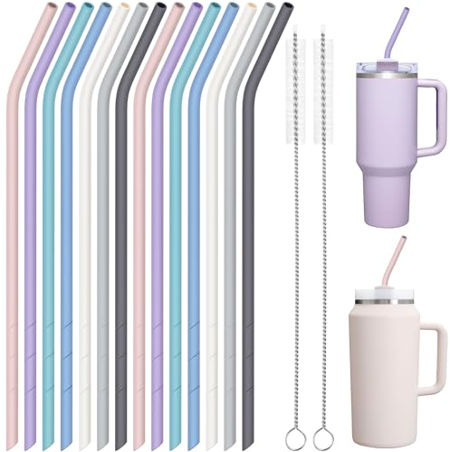 NiHome 14 Stück Silikon Strohhalme Wiederverwendbar für Stanley 40oz 30oz Tumbler - 35,5 cm Extra Lange Flexibel Zuschneidbare Trinkhalme für Große Wasserflaschen - mit 2 Reinigungsbürsten (Macaron)