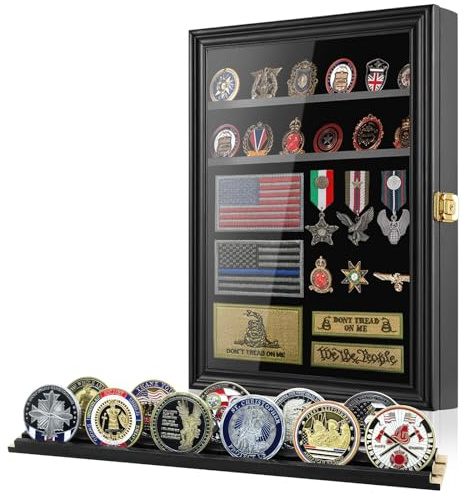 LIUYALO Medaillen Vitrine Wandrahmen für Sammler Militär Herausforderung Münzen Halter Militär Pins Abschließbare Schattenbox mit abnehmbaren Regalen Schwarz