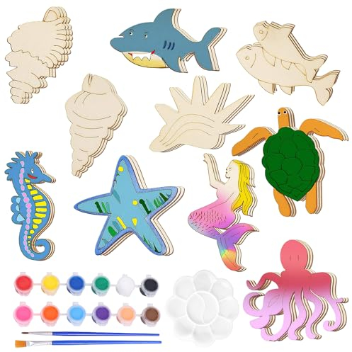 34 Stück Ozeane Bastelset Kit, Holz Zum Bemalen, Deko, Basteln Mit Kindern, Farbiger Pinsel, Glitzersticker, Für DIY Malen Dekoration